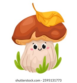 Cute cartoon brown mushroom. Vector illustration on white background. For prints, fabric, publications, games.