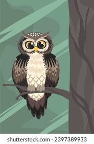 Cute cartoon brown owl with big eyes sitting on tree branch. Horned night bird on green forest background