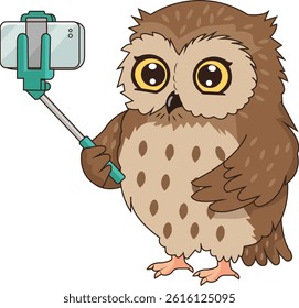 Cute cartoon brown owl with big yellow eyes holding a green selfie stick with a smartphone attached, taking a selfie photo. 