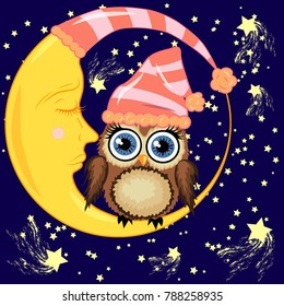 A cute cartoon brown owl in a sleeping cap sits on a dormant crescent moon against a night sky with stars