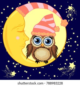 A cute cartoon brown owl in a sleeping cap sits on a dormant crescent moon against a night sky with stars