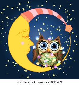 Cute cartoon brown owl tangled in garlands of light bulbs, mimicking the stars and the glow of the crescent moon sits on the slumbering against the night sky with stars