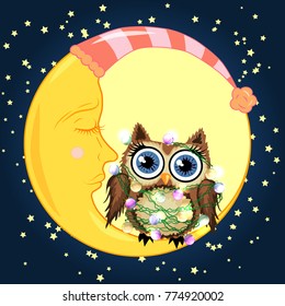 Cute cartoon brown owl tangled in garlands of light bulbs, mimicking the stars and the glow of the crescent moon sits on the slumbering against the night sky with stars