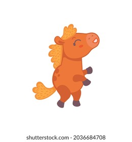 Cute cartoon brown pony horse. Sticker or toy for kids. Flat cartoon vector illustration isolated on a white background.