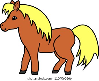 Cute cartoon brown pony with yellow mane