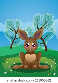 Cute cartoon brown rabbit on spring lawn with flowers.