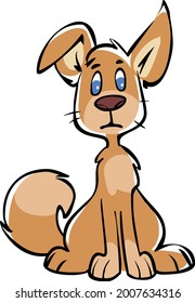 Cute cartoon brown sad dog sitting on the white background