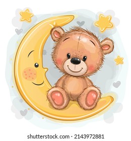 Cute Cartoon brown Teddy Bear on the moon