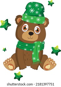 Oso de peluche marrón de dibujos animados con sombrero verde y bufanda. Ilustración vectorial dibujada a mano.