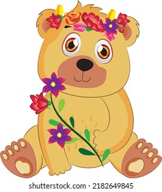 Cute cartoon brown teddy bear with flowers.Hand drawn vector illustration.