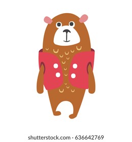 Cute cartoon brown teddy bear in cerise vest standing. Funny lovely animal colorful character vector Illustration