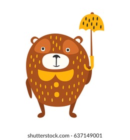 Cute cartoon brown teddy bear standing with yellow umbrella. Funny lovely animal colorful character vector Illustration