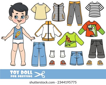 Cute cartoon brunette Junge mit und Kleidung getrennt - kurze Hosen, Langschlauch, T-Shirts, Weste, Jeans und Turnschuhe zum Anziehen