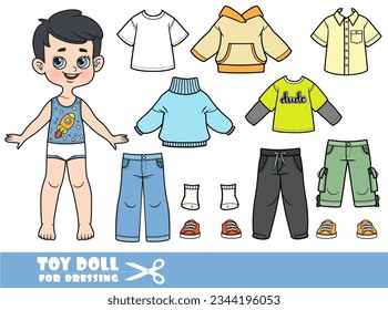 Cuto caricatura morena chico con y ropa por separado - suéter, manga larga, camisetas, chaleco, jeans y zapatillas muñeca para vestir