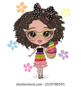 Cute Cartoon brunette Girl with bow and cupcake