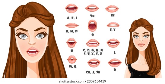 Cute cartoon brunette girl with long hair talking mouth animation. Female character speak mouths expressions