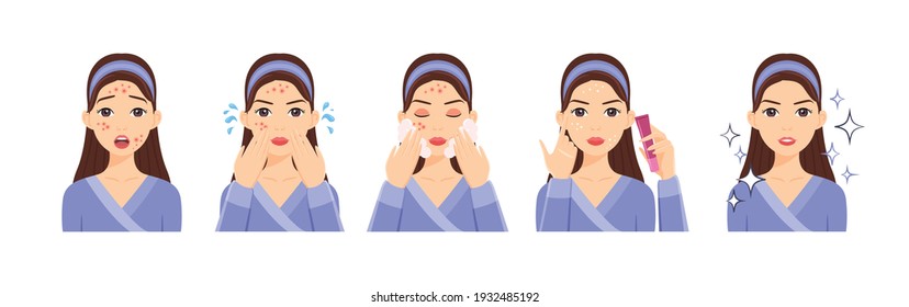 A cute cartoon brunette lady with acne on her face takes care of problem skin.The woman washes her face and applies acne cream. Healthy and clean skin. White background. Vector stock illustration.