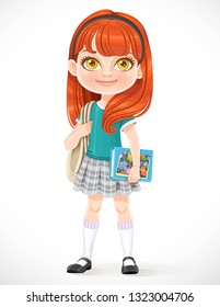 Cute cartoon brunette schoolgirl with backpack and textbooks isolated on a white background
