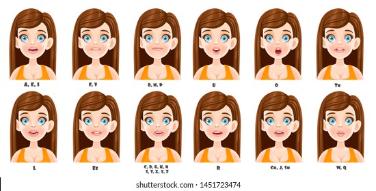 Cute cartoon brunette woman talking mouth animation. Female character speak mouths expressions