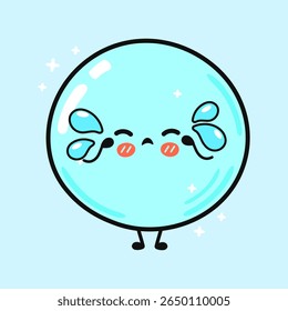 A cute cartoon bubble character with a sad expression, tears, rosy cheeks, and small legs, set against a light blue background.