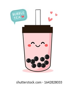 Cute cartoon bubble milk tea and hand drawn text isolated on white background vector illustration.