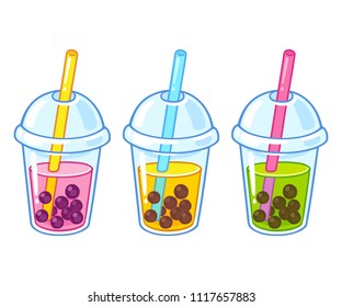 Cute cartoon bubble tea cups drawing set  Hand drawn boba tea drinks vector illustration 