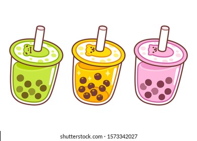 Cute Cartoon Bubble Tea Cups Drawing Set. Matcha, Orange And Strawberry Flavor Smoothies. Hand Drawn Boba Tea Drinks Vector Illustration.