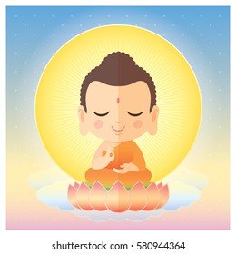 Cute cartoon Buddha sitting on lotus. Vector illustration.
