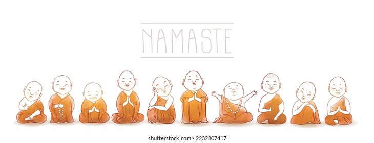 Cute cartoon buddhist monks in orange robes hand drawn with ink. Traditional oriental ink painting sumi-e, u-sin, go-hua. Illustration with Jizo japanese deity.