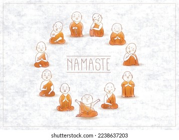 Pequeños dibujos animados de monjes budistas con túnicas naranjas sobre fondo de papel de arroz. Ilustración de la deidad japonesa de Jizo