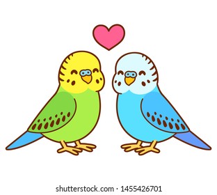 Cute Cartoon Budgie Paar Zeichnung. Kleine Papageienvögel, die in das Herz über sich verliebt sind. Vektorillustration-Clipart-Illustration einzeln.