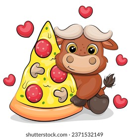 Cute cartoon buffalo with a big piece of pizza. Vector illustration of animal on a white background with red hearts.