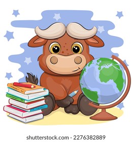 Cute cartoon buffalo with books and a globe. School animal vector illustration on a blue background with stars.