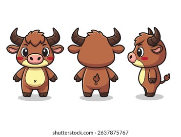 Cute Cartoon Buffalo Character Set - Front, Back, and Side View for Animation and Mascot. Vector illustraton