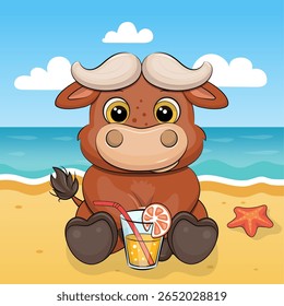 Um Búfalo de Desenho Animado Bonito com uma Bebida na Praia. Verão Animal ilustração vetor com mar, sol, areia e estrela-do-mar.