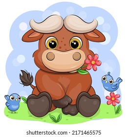 Cute cartoon buffalo with flower and birds. Vector illustration of an animal in nature.