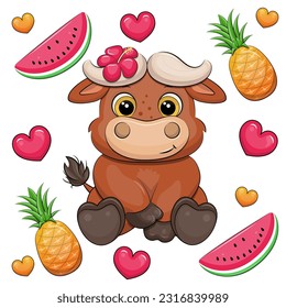 Cute cartoon buffalo with fruits and hearts. Vector illustration of an animal on a white background with watermelon and pineapple.