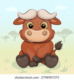 Cute cartoon Buffalo in nature. Vector illustration of an animal in savannah.