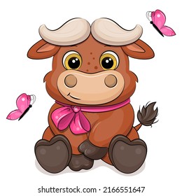 Cute cartoon buffalo with a pink bow and butterflies. Vector illustration of an animal on a white background.