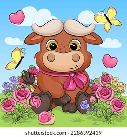 A cute cartoon buffalo with a pink bow sits in a rose garden. Vector illustration of an animal in nature with butterflies and hearts.