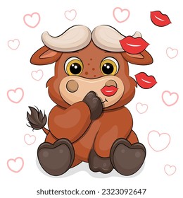 A cute cartoon buffalo is sending air kisses. Vector illustration of a brown animal on a white background with hearts.