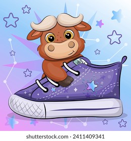 A cute cartoon buffalo with a sneaker. Vector illustration of an animal on a blue and pink background with stars.