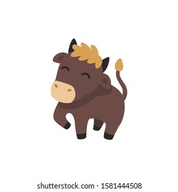 Cute cartoon buffalo vector illustration, simple flat design template.
