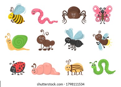 Cute cartoon bug worm funny doodle character in flat design. Set of kawaii insect isolated on white background. Funny caterpillar and butterfly, children bug, worm, mosquito and spider. Vector.