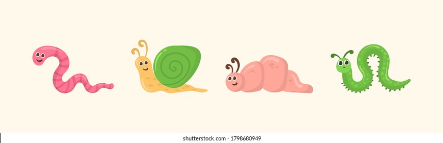 Cute caricatura gusano de gusano de garabato divertido personaje de doodle en diseño plano. Conjunto de insectos kawaii aislados en fondo blanco. La oruga divertida y la mariposa, el insecto infantil, el gusano, el mosquito y la araña. Vector.