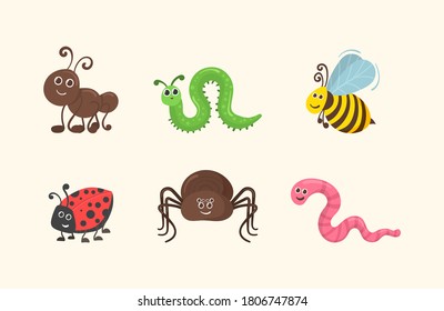 Cute caricatura gusano de gusano de garabato divertido personaje de doodle en diseño plano. Conjunto de insectos kawaii aislados en fondo blanco. La oruga divertida y la mariposa, el insecto infantil, el gusano, el mosquito y la araña. Vector.