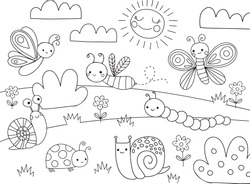 孩子们的可爱卡通虫子彩页。矢量黑线插图。虫子、昆虫、蜜蜂、蝴蝶、蜗牛。