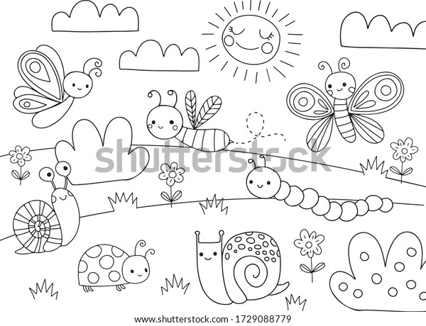 Cute\
Cartoon Bugs Coloring Page for kids. Vector black line\
illustration. Bug, insect, bee, butterfly,\
snail.