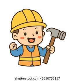 Cute cartoon builder boy holding a hammer and smiling, wearing a yellow hard hat and safety vest. Perfect for Labor Day celebration designs.