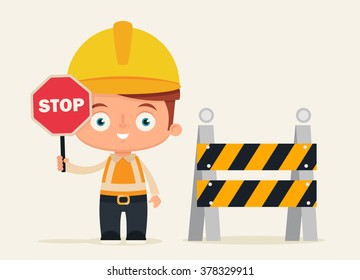 Cute Cartoon Builder Holding Stop Sign Near the Road Barrier. Vector Illustration